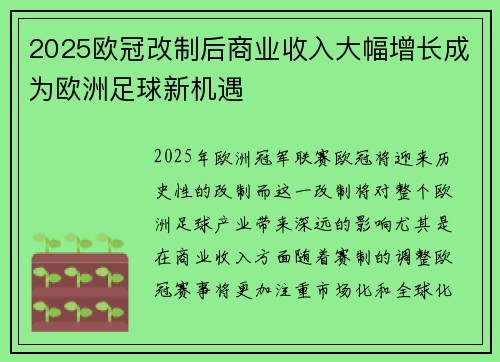 2025欧冠改制后商业收入大幅增长成为欧洲足球新机遇